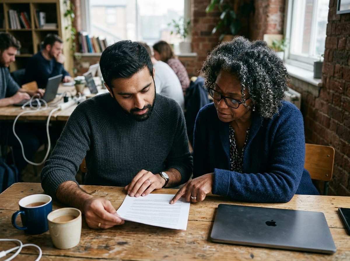 A printed project brief on a table with two people reading it together.