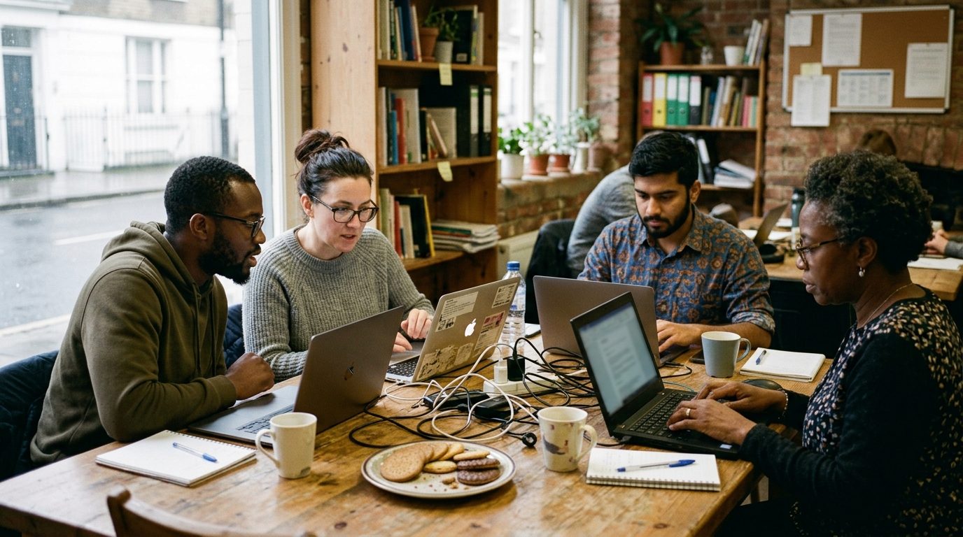 Four people at laptops around a table, two of them comparing screens.