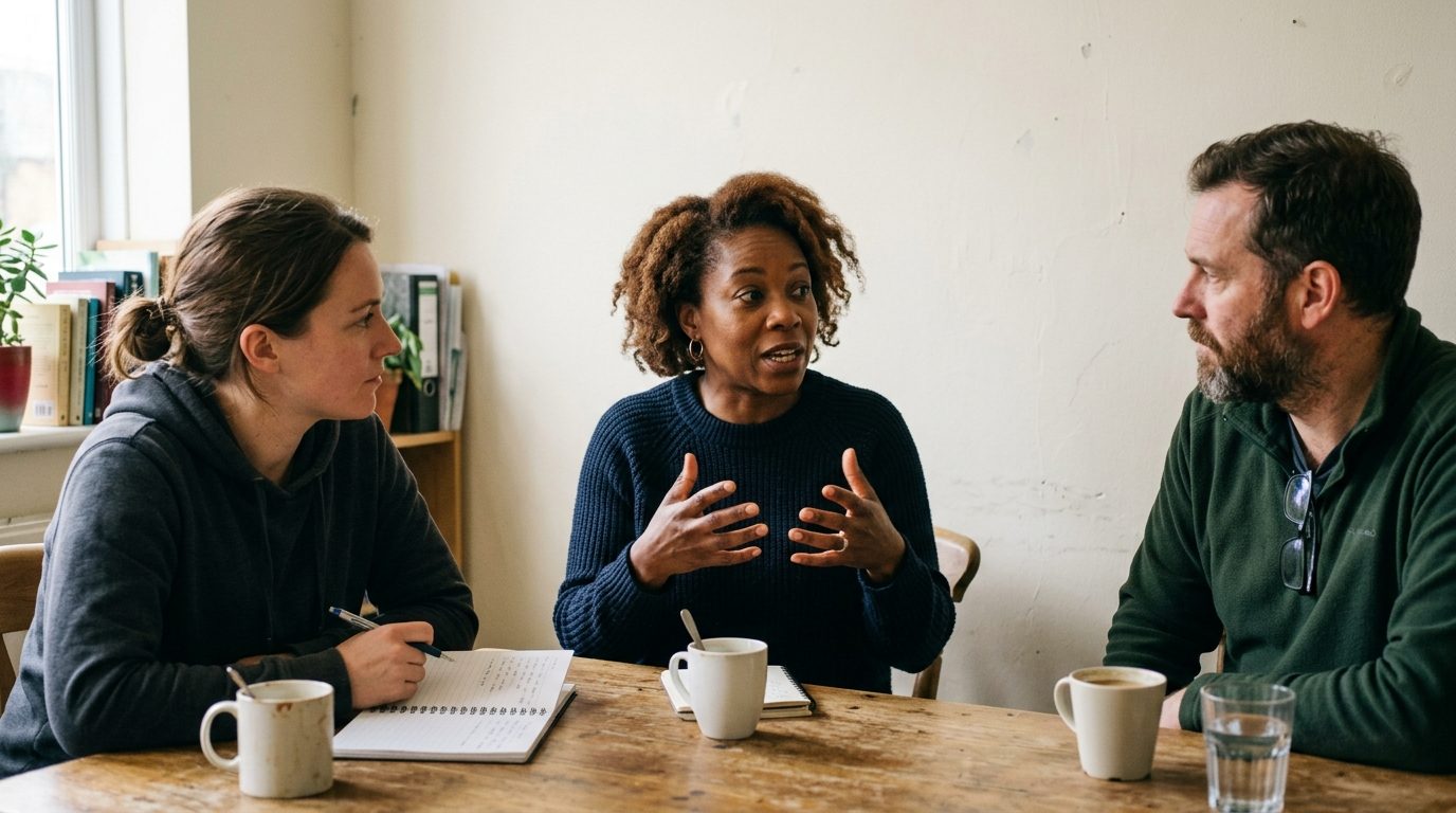 Three people at a table, one mid sentence with her hands open, the other two listening closely.