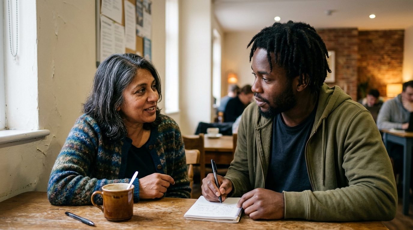 Two people talking one to one at the corner of a table, one taking notes.