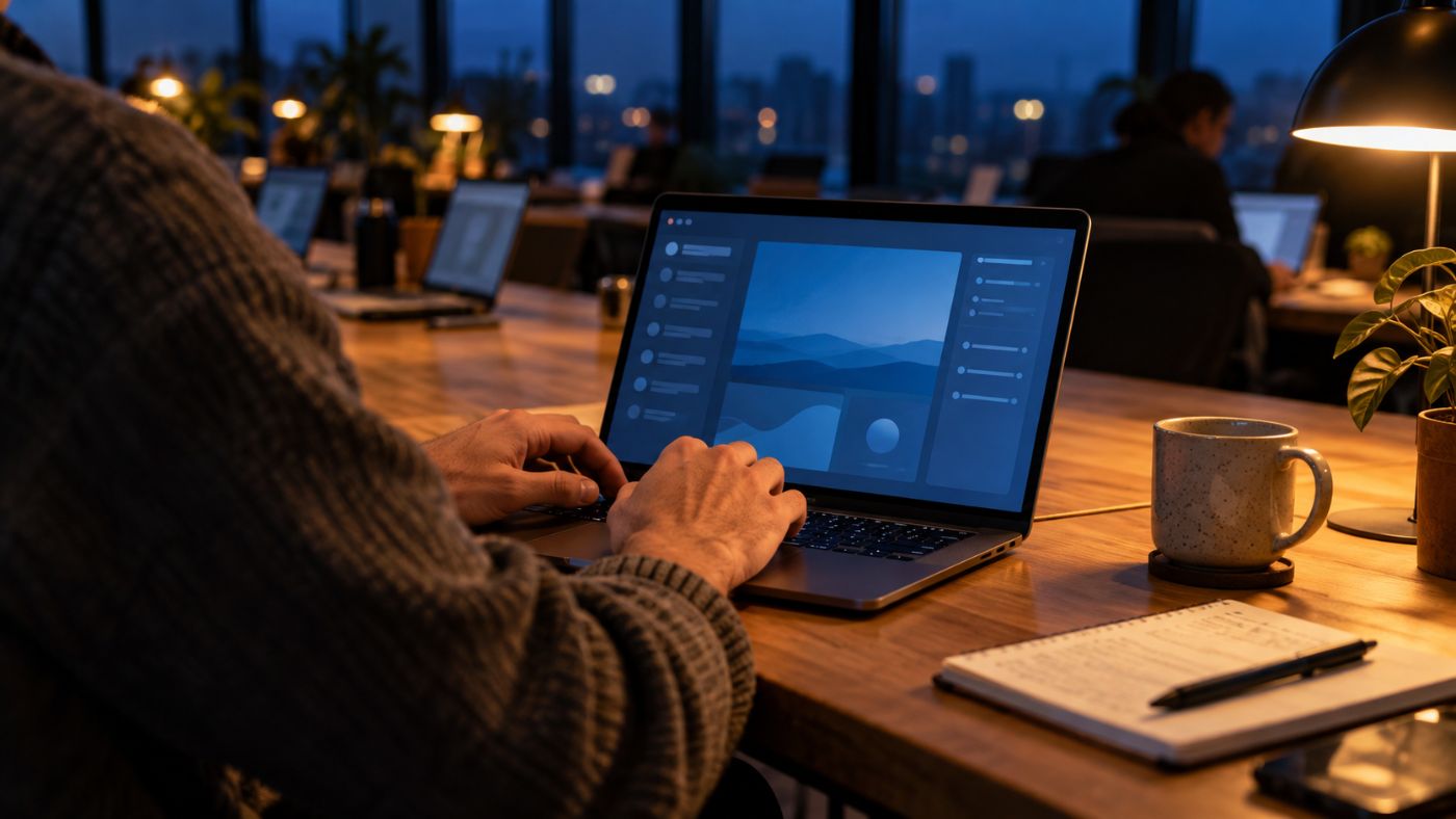 Someone typing on a laptop at a desk lamp-lit table in the evening.