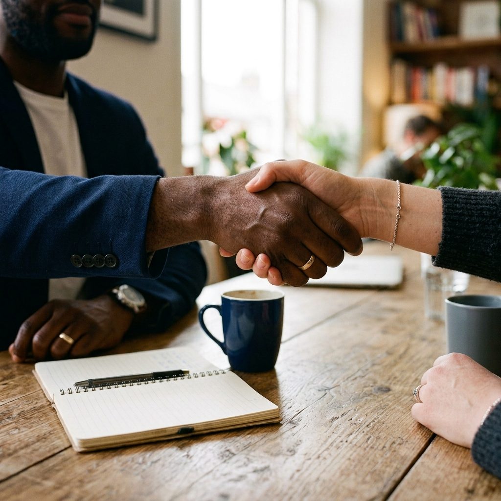 Two people shaking hands across a table at the end of a meeting.