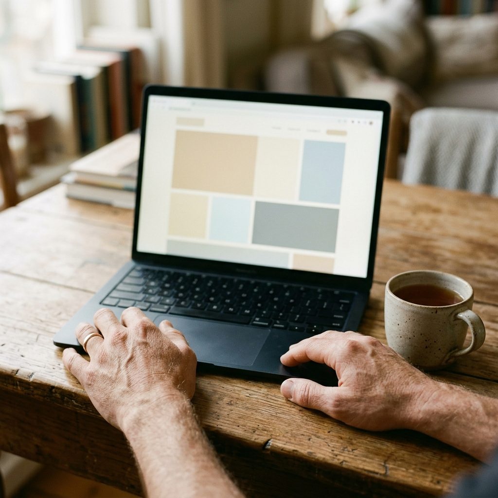 A laptop on a table showing a simple website, hands resting beside it.