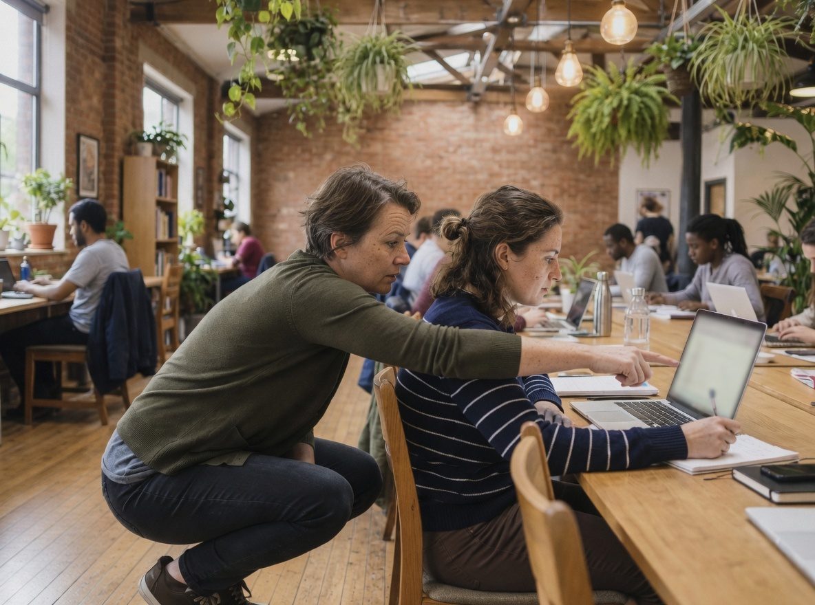 One person explaining something on a laptop to another who takes notes.