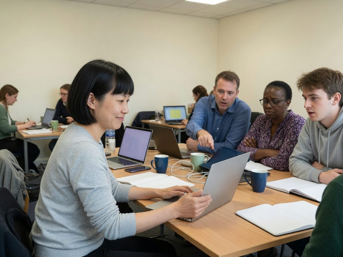A woman turning her laptop round to show the group her screen.