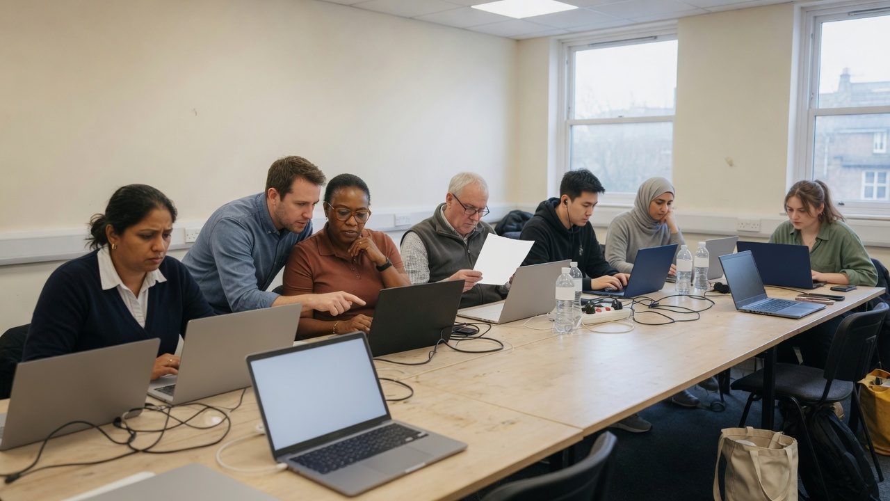 A group working at laptops around a long table in a bright room.