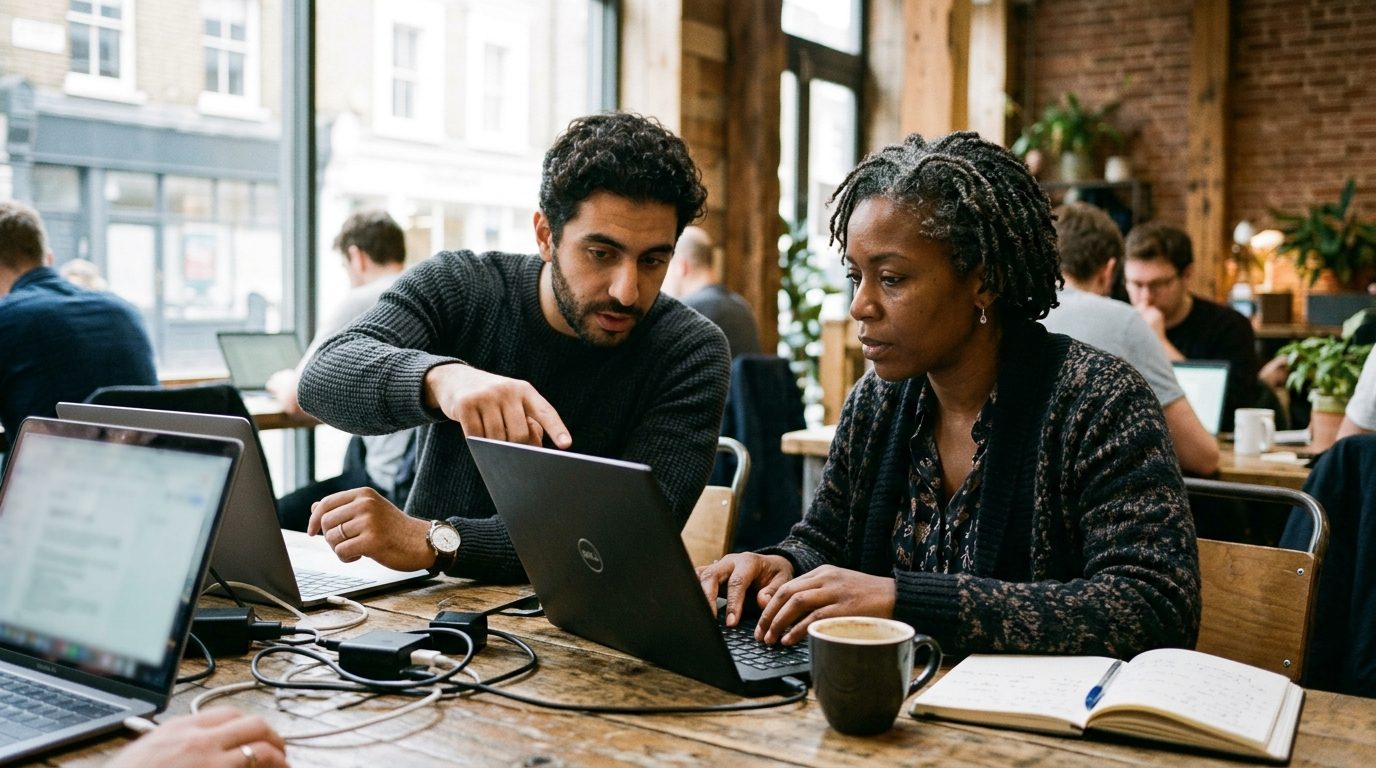 Two people at adjacent laptops, one pointing at a screen while the other types.