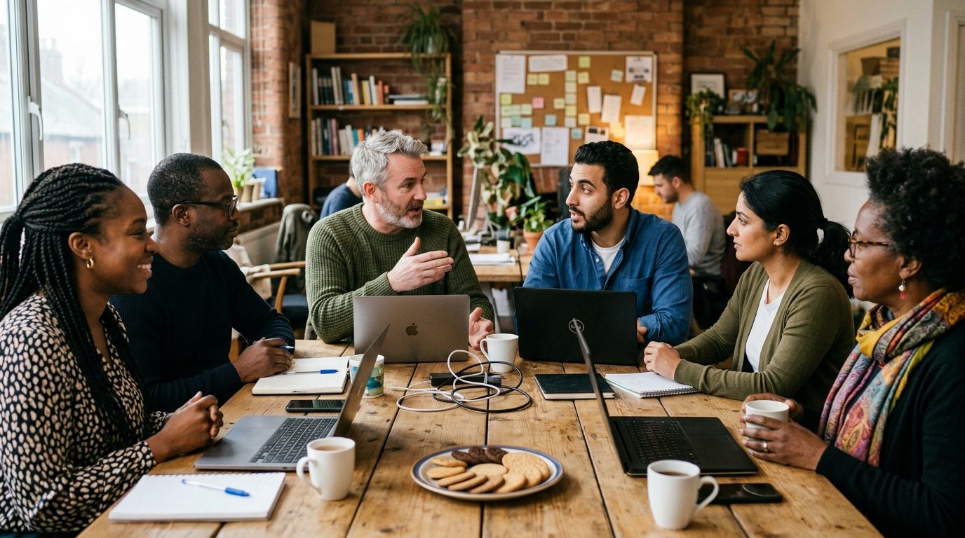 Six people of mixed heritage around one long table, laptops open, mid discussion.