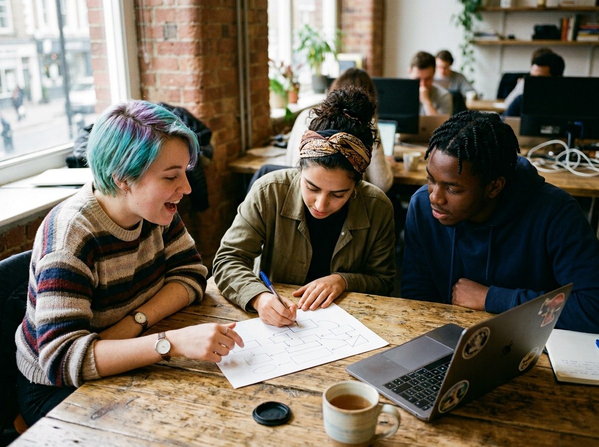 Three people sketching an idea on paper beside an open laptop.
