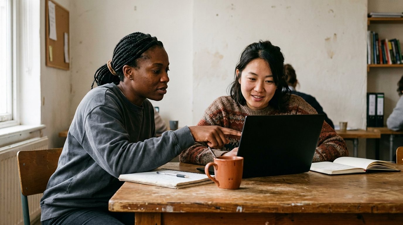 Two women comparing notes on a laptop screen at a shared table.